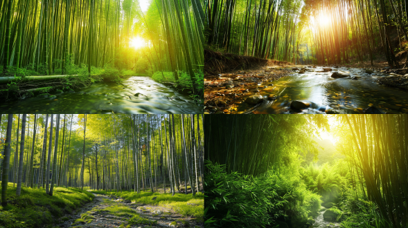春天的竹林，小溪，阳光，远景，唯美意境，高清画质