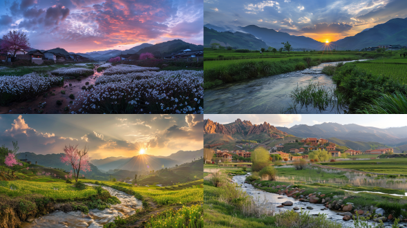 春天的云南美景，小溪，黄昏，远景，唯美意境，高清画质