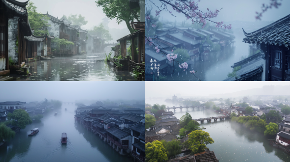 江南水乡，万物始生，唤起清明时节的传统中国文化。16k分辨率，如传统山水画，烟雨蒙蒙。景色中弥漫着蒙蒙细雨，营造柔和和谐的调子，宛若水墨画风。细腻的春雨，自然元素和和谐色彩，唤起深沉宁静的情感。，远景，俯拍，远处雾，唯美意境，高清画质