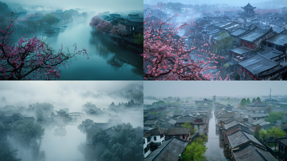 江南水乡，万物始生，唤起清明时节的传统中国文化。16k分辨率，如传统山水画，烟雨蒙蒙。景色中弥漫着蒙蒙细雨，营造柔和和谐的调子，宛若水墨画风。细腻的春雨，自然元素和和谐色彩，唤起深沉宁静的情感。，远景，俯拍，远处雾，唯美意境，高清画质