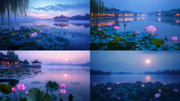 春天的江南美景，河畔，荷花，夜晚，大面积天空，远处雾，远景，唯美意境，高清画质