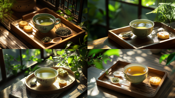 a cup of delicate green tea is placed on a wooden tray,with a teaspoon of dry tea and cakes beside it. green plants are decorated with chinese panes in the background. light hits the teacup from the side backlighting. the light and shadow are strong. the photo is taken with a slr camera,105mm lens,head-up angle,close-up view,clean and warm picture
