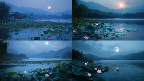 宏村，夜晚，月光，水面涟漪，荷花，柔和色彩，宁静氛围，远景，大面积天空，远处淡淡的雾，真实风景拍摄，唯美意境，高清画质