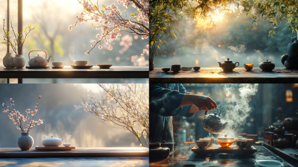 中式，沏茶动作，典雅氛围，柔和色彩，宁静，唯美意境，高清画质