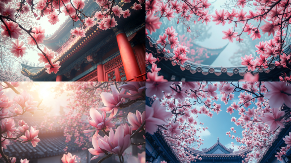 look up at the chinese courtyard, the branches are full, sky, pink magnolia, the picture is clean and fresh, very nice., high definition picture ，柔和色彩，宁静，远景，唯美意境，高清画质