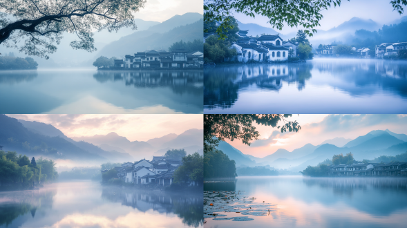 宏村美景，清晨，雨后，柔和色彩，宁静，远景，唯美意境，高清画质