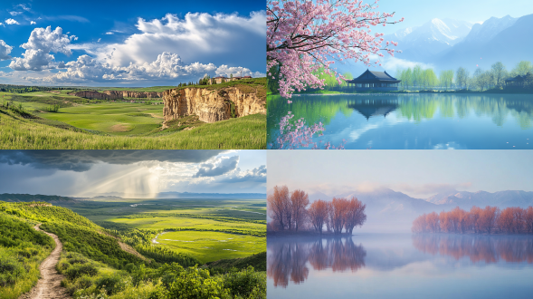 新疆春天美景，雨后，宁静，大面积天空，远景，唯美意境，高清画质