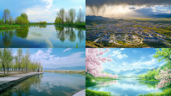 新疆春天美景，雨后，宁静，大面积天空，远景，唯美意境，高清画质