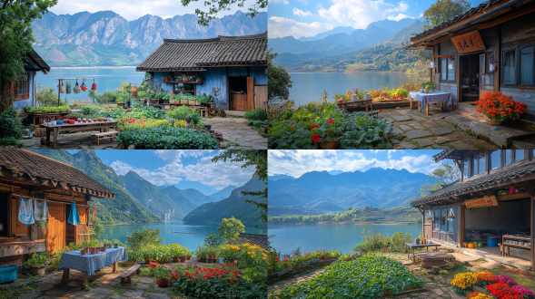 a chinese farmhouse by the lake, with mountains in the background and an outdoor table set up for washing . there are also vegetables growing nearby. in front of one house, two hanging mugs are displayed, while another cottage has colorful flowers blooming around it. the sky above shows blue tones. this scene seems to have been captured through a professional photography lens. it exudes a warm atmosphere that brings me back to my memories. i hope you like these photos! 0247583fc9a6e0ddf1bb primary raw image quality