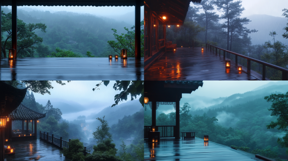rainy, slippery mountain scenery,a mountain view with tea lights on the porch, in the style of rural china, ethereal trees, 32k uhd, soggy, travel, mist, vernacular architecture