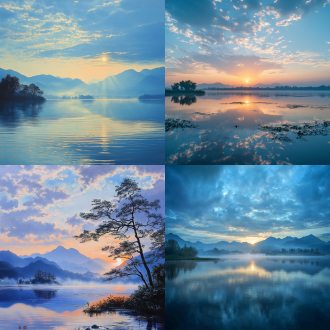 翠湖春晓波光里，雨后，清晨，,第一缕阳光，宁静，大面积天空，远景，唯美意境，真实风景拍摄，高清画质