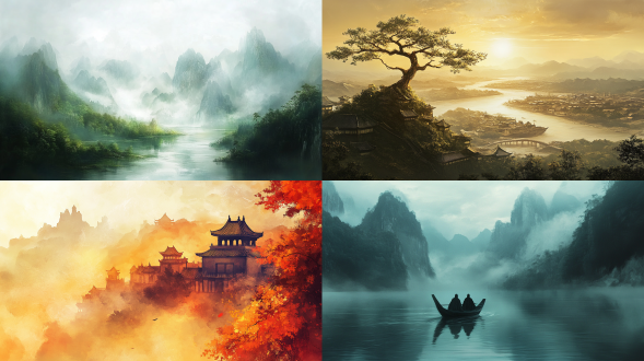 中国山水画，大面积留白，东方美学，唯美意境，高清画质