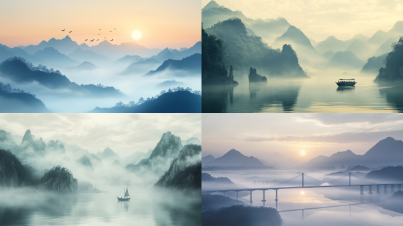 汉水文化，山水相间，烟雾缭绕，用极轻的墨水，极简，冷暖对比，线条感十足，风格极简，色调简约，唯美意境，高清画质