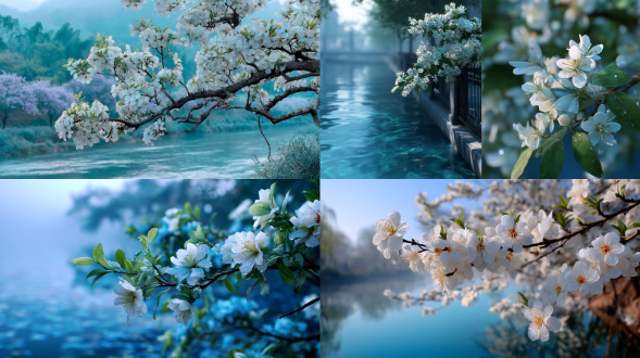spring morning, chinese blue and white porcelain style, medium scene + close-up real scene shooting 1000 crab apple flowers planted on the river bank, romantic flowers clearly visible dew, beautiful clear and transparent lake, dindahl effect, romantic campus background, magic, fantasy, magic, art, aesthetics, romance, miyazaki hayao hd photography,唯美意境，高清画质