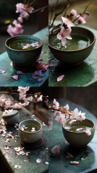 春樱盛放时节，青石案上置一壶清茶。 粉白花瓣轻旋而下，跌入釉色茶盏，与碧绿茶汤共舞。檐角风铃轻叩，远处传来古琴断续的旋律。 指尖摩挲着粗陶杯壁的纹理，细嗅氤氲水汽里浮动的草木香。暮色将天光调成蜜色，杯中倒影着摇晃的枝桠，恍然惊觉时光已被樱花染成淡粉色。