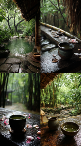 雨后初晴，空气清新。 在竹林下，寻一处避雨的茅亭。 煮一壶热茶，驱散身上的寒意。 看着雨水滴落在竹叶上，发出清脆的响声，令人心旷神怡。 坐在溪边石上，感受清凉的溪水拍打着脚踝。 茶杯在手中轻轻摇晃，茶汤在阳光下泛着金光。 闭上眼睛，深吸一口气，感受大自然的宁静与美好。 粉白花瓣轻旋而下，跌入釉色茶盏，与碧绿茶汤共舞。檐角风铃轻叩，远处传来古琴断续的旋律。 指尖摩挲着粗陶杯壁的纹理，细嗅氤氲水汽里浮动的草木香。暮色将天光调成蜜色，杯中倒影着摇晃的枝桠，恍然惊觉时光已被樱花染成淡粉色。