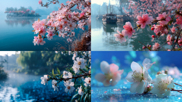 spring morning, chinese blue and white porcelain style, medium scene + close-up real scene shooting 1000 crab apple flowers planted on the river bank, romantic flowers clearly visible dew, beautiful clear and transparent lake, dindahl effect, romantic campus background, magic, fantasy, magic, art, aesthetics, romance, miyazaki hayao hd photography,唯美意境，高清画质