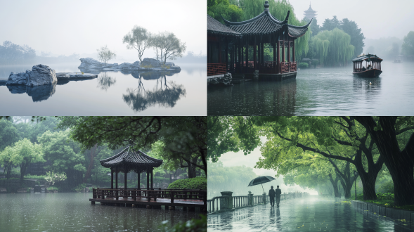 the waterside of southern china, where all things come to life, evokes the traditional chinese culture of the qingming festival. with a 16k resolution, it resembles a traditional landscape painting, shrouded in misty rain. the scenery is filled with a gentle drizzle that creates a soft and harmonious rhythm, akin to the style of ink wash painting. the delicate spring rain, natural elements, and harmonious colors evoke profound tranquility.