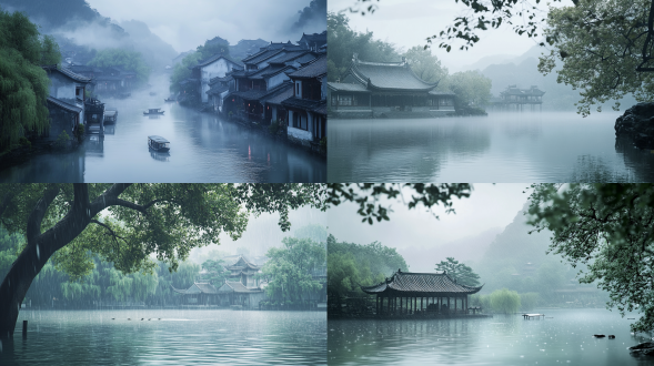 the waterside of southern china, where all things come to life, evokes the traditional chinese culture of the qingming festival. with a 16k resolution, it resembles a traditional landscape painting, shrouded in misty rain. the scenery is filled with a gentle drizzle that creates a soft and harmonious rhythm, akin to the style of ink wash painting. the delicate spring rain, natural elements, and harmonious colors evoke profound tranquility.