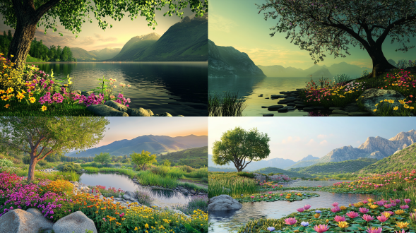 春天，黄昏，雨后，一张宁静的自然风景照片，有郁郁葱葱的青山、一个宁静的池塘和各种五颜六色的花朵。池塘边还有石头和一棵树。背景是晴朗的天空。图像有充满活力的色彩调色板，有绿色、蓝色、黄色和粉色的色调。，远景，大面积天空，唯美意境，高清画质