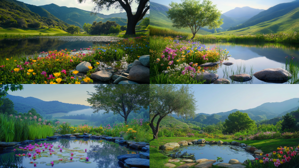 春天，清晨，雨后，一张宁静的自然风景照片，有郁郁葱葱的青山、一个宁静的池塘和各种五颜六色的花朵。池塘边还有石头和一棵树。背景是晴朗的天空。图像有充满活力的色彩调色板，有绿色、蓝色、黄色和粉色的色调。，远景，大面积天空，唯美意境，高清画质