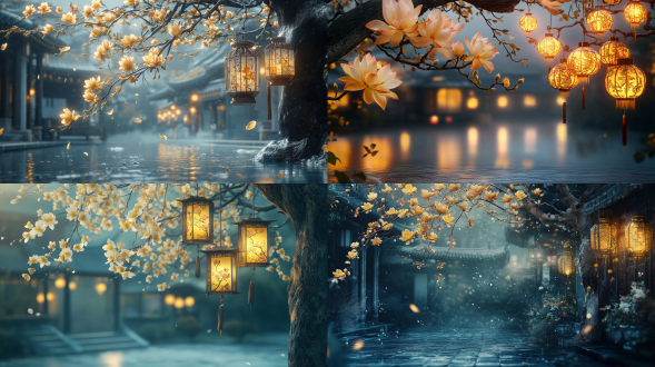 暗色背景，画面顶部的金莲木枝干虬曲绽放簇簇黄色花朵，右侧树干悬挂古风灯笼，灯罩表面绘制梅兰竹菊水墨纹样，背景中式庭院，8k超高清画质突显花瓣脉络与灯笼绢布透光质感，浅景深虚化处理突出主体花枝，暖黄光晕从灯笼内部透出形成光斑，青砖地面积水倒映灯笼微光，晨雾柔化远景建筑轮廓