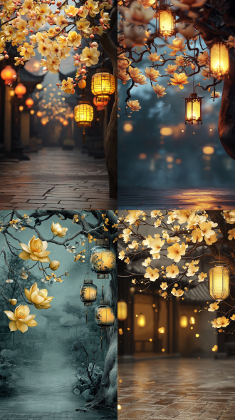 暗色背景，画面顶部的金莲木枝干虬曲绽放簇簇黄色花朵，右侧树干悬挂古风灯笼，灯罩表面绘制梅兰竹菊水墨纹样，背景中式庭院，8k超高清画质突显花瓣脉络与灯笼绢布透光质感，浅景深虚化处理突出主体花枝，暖黄光晕从灯笼内部透出形成光斑，青砖地面积水倒映灯笼微光，晨雾柔化远景建筑轮廓