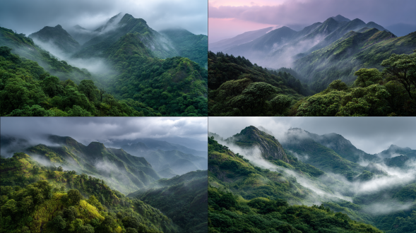the mountains are covered in lush green mist, and the peaks are shrouded in clouds, resembling immortal islands. the faint dew of dawn stains the treetops, and the boundless rosy glow breaks through the mist and waves.