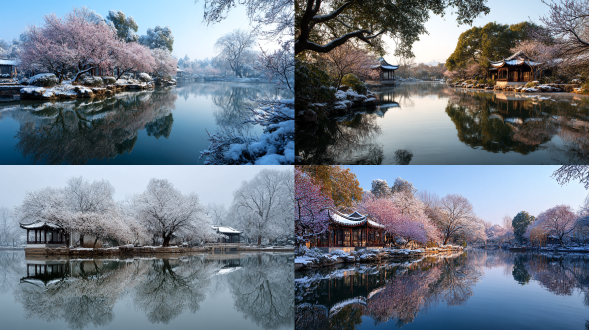 初冬，清晨，第一缕阳光，雪景、江南园林 背景、梅花、湖畔，倒影，超清晰、特写、 摄影，远景，真实风景拍摄，唯美意境，高 清品质 荐一份静气 save a quiet breath early winter, morning, the first ray of sunlight, snowy scenery, jiangnan gardens, plum blossoms, lakeside, reflections, ultra-clear, close-up, photography, panoramic view, real landscape photography, beautiful