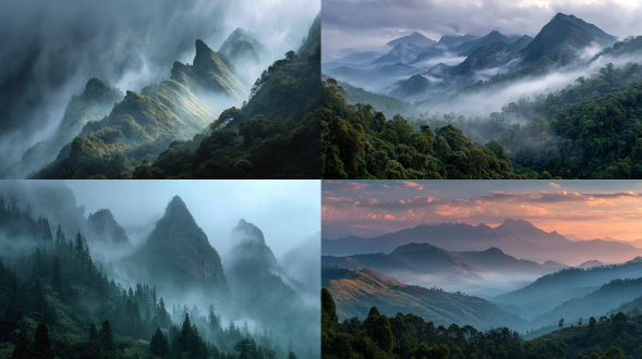 the mountains are covered in lush green mist, and the peaks are shrouded in clouds, resembling immortal islands. the faint dew of dawn stains the treetops, and the boundless rosy glow breaks through the mist and waves.
