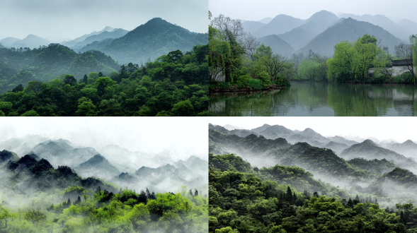 江南的春天 ，宛如一幅淡雅清新的水墨画，美 得如梦如幻。江南的山连绵起伏，线条柔和。春天时，山上植被繁茂，新绿的树木郁郁葱葱，深浅不一的绿色相互交织，仿佛是水墨画中用淡墨层层渲染出的笔触，展现出丰富的层次感。雾气缭绕在山间，如同轻纱般缥缈，为山峦增添了一份朦胧之美，恰似水墨画中留白的意境丫 y ，给人以无限的遐想空间。高清，自然主题，春天，电影画质，柔和光晕。