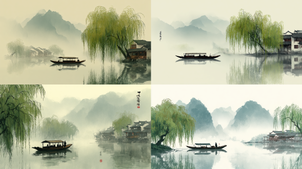 chinese-style ink painting, with misty mountains in the background and green willow trees on both sides of an ancient boat floating on the river surface. the distant view includes wooden houses by the water's edge. it is simple yet beautiful, in the style of traditional chinese landscape painting. soft tones create a tranquil and zen-like atmosphere.
