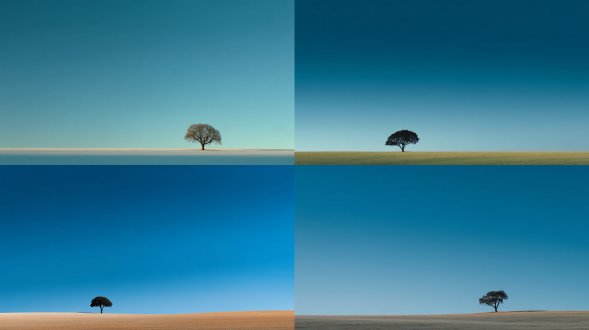 极简风景，蓝色渐变天空，一颗树，极简，大面积留白，高级审美，风景获奖摄影作品，大师级构图