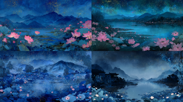 双重曝光艺术风格，三维古风,王希孟,流体水墨,新工笔,俯视,景深,苏杭,湖,荷塘月色,桃花,月亮,星空,精致的细节,夜空湛蓝,远山,前景留白