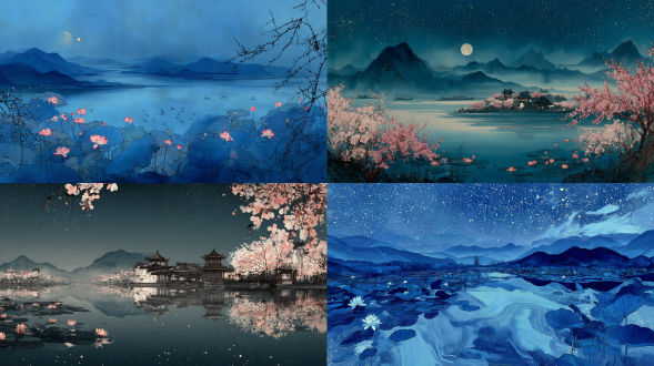 双重曝光艺术风格，三维古风,王希孟,流体水墨,新工笔,俯视,景深,苏杭,湖,荷塘月色,桃花,月亮,星空,精致的细节,夜空湛蓝,远山,前景留白