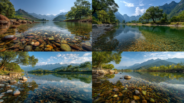 雨后，清晨，第一缕阳光，远处有高山美丽风景，以中国山水画的风格呈现，清澈见底的水中铺满了鹅卵石小鱼，背景是连绵的山脉，蓝天爱心的白云，河边绿树成荫，通过使用广角镜头在自然光下进行高清摄影捕捉，展现了平静的湖面和清新的色彩，营造出一种宁静的氛围。设计中还融入了五彩斑斓的石头。32k超清，大面积天空，高级审美，风景获奖摄影作品，大师级构图