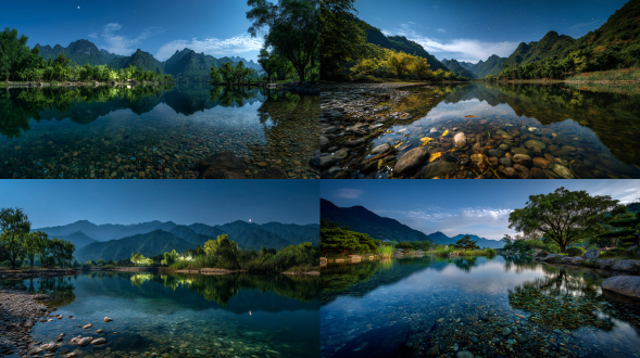 夜晚，月光，，远处有高山美丽风景，以中国山水画的风格呈现，清澈见底的水中铺满了鹅卵石小鱼，背景是连绵的山脉，蓝天爱心的白云，河边绿树成荫，通过使用广角镜头在自然光下进行高清摄影捕捉，展现了平静的湖面和清新的色彩，营造出一种宁静的氛围。设计中还融入了五彩斑斓的石头。32k超清，大面积天空，高级审美，风景获奖摄影作品，大师级构图
