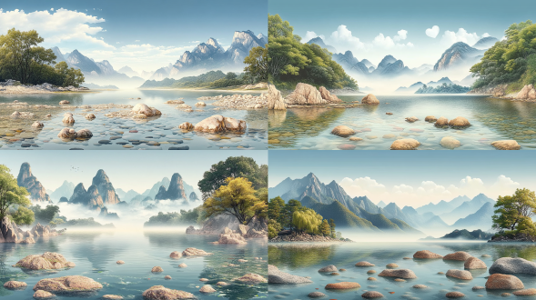 远处有高山美丽风景，以中国山水画的风格呈现，清澈见底的水中铺满了鹅卵石小鱼，背景是连绵的山脉，蓝天爱心的白云，河边绿树成荫，通过使用广角镜头在自然光下进行高清摄影捕捉，展现了平静的湖面和清新的色彩，营造出一种宁静的氛围。设计中还融入了五彩斑斓的石头。32k超清，大面积天空，高级审美，风景获奖摄影作品，大师级构图