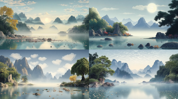夜晚，明月，远处有高山美丽风景，以中国山水画的风格呈现，清澈见底的水中铺满了鹅卵石小鱼，背景是连绵的山脉，蓝天爱心的白云，河边绿树成荫，通过使用广角镜头在自然光下进行高清摄影捕捉，展现了平静的湖面和清新的色彩，营造出一种宁静的氛围。设计中还融入了五彩斑斓的石头。32k超清，大面积天空，高级审美，风景获奖摄影作品，大师级构图