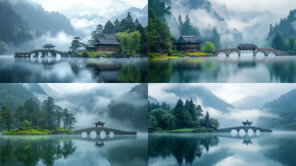 the lake is misty up the mountain, the lake reflects the chinese-style pine island, clouds, in the distance are misty mountains, stone bridge attic on hillside, green grass, horizontal wave static, gives a peaceful atmosphere.