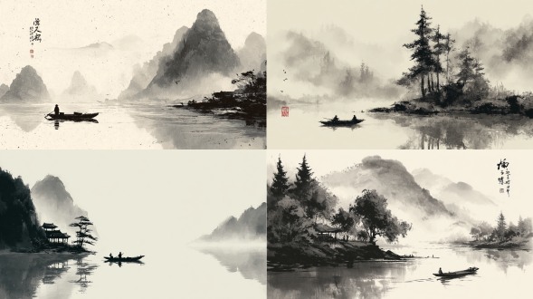 中国工笔画，古风山水，野渡无人舟自横，水墨丹青，禅意，简约