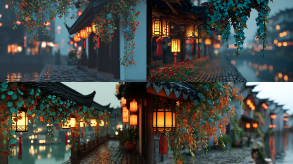 中式古建筑屋檐，黑色瓦片，垂挂蓝色花朵与绿色枝叶，点亮的橙色灯笼，红色灯笼穗，水面，石板路，背景中模糊的建筑和灯光，写实风格，中景，温馨静谧色调 。