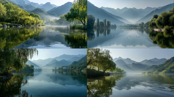 **湖光山色** 清晨的第一缕阳光穿透薄雾，照耀在宁静的湖面上，湖水如同镜子般反射出周围山峦的倒影。湖边长满了翠绿的柳树，枝条轻轻垂落在水面上，随风摇曳。远处的山峰层峦叠嶂，山腰间云雾缭绕，宛如仙境。偶尔有几只水鸟掠过水面，激起一圈圈涟漪，增添了几分生动。整个场景静谧而美好，仿佛能洗净人的心灵，让人感到无比的平静与放松。
