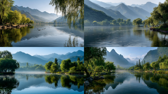 **湖光山色** 清晨的第一缕阳光穿透薄雾，照耀在宁静的湖面上，湖水如同镜子般反射出周围山峦的倒影。湖边长满了翠绿的柳树，枝条轻轻垂落在水面上，随风摇曳。远处的山峰层峦叠嶂，山腰间云雾缭绕，宛如仙境。偶尔有几只水鸟掠过水面，激起一圈圈涟漪，增添了几分生动。整个场景静谧而美好，仿佛能洗净人的心灵，让人感到无比的平静与放松。