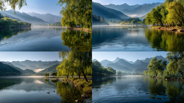 **湖光山色** 清晨的第一缕阳光穿透薄雾，照耀在宁静的湖面上，湖水如同镜子般反射出周围山峦的倒影。湖边长满了翠绿的柳树，枝条轻轻垂落在水面上，随风摇曳。远处的山峰层峦叠嶂，山腰间云雾缭绕，宛如仙境。偶尔有几只水鸟掠过水面，激起一圈圈涟漪，增添了几分生动。整个场景静谧而美好，仿佛能洗净人的心灵，让人感到无比的平静与放松。