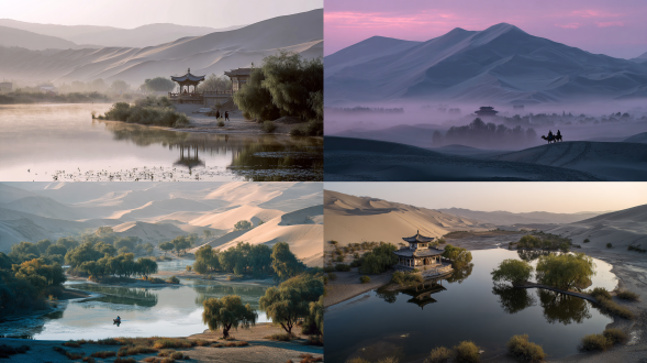 雨后清晨，敦煌月牙泉，美景如画，远景，影视获奖作品，唯美意境，高清画质