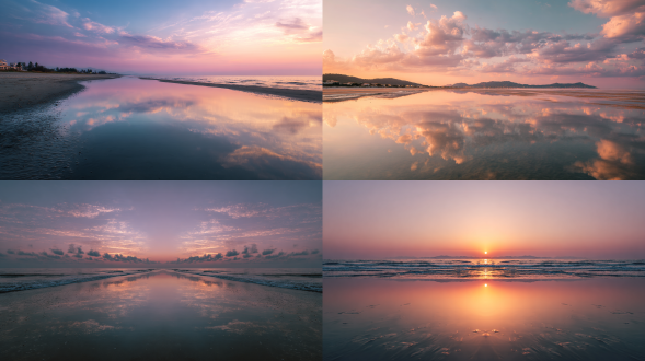 海滩清晨，对称风景，柔和光线，宁静氛围，温暖色调，沉浸感。海滩，玫瑰海，对称风景，柔和色调，广角镜头，水面倒影，微风，宁静祥和。 海滩, 日落, 对称风景, 柔和光线, 温暖色调, 沉浸感, 玫瑰海, 广角镜头, 水面倒影, 微风, 宁静祥和.