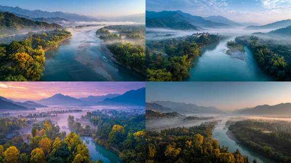 初秋，清晨，第一缕阳光，都江堰，大面积天空，极其优美，人间仙境，雾气蒙蒙，仙境，秀美风景，色彩饱满，超高清超广角，柔和光线，宁静氛围，温暖色调，俯拍，远景，真实风景，唯美意境，高清品质