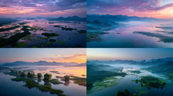 夏日清凉，太湖，雨后清晨，远处山，人间仙境，雾气蒙蒙，仙境，秀美风景，广阔视野，色彩饱满，超高清超广角，真实风景，唯美意境，高清品质