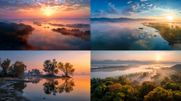 清晨，第一缕阳光，洞庭湖，极其优美，人间仙境，雾气蒙蒙，仙境，秀美风景，色彩饱满，超高清超广角，柔和光线，宁静氛围，温暖色调，远景，真实风景，唯美意境，高清品质